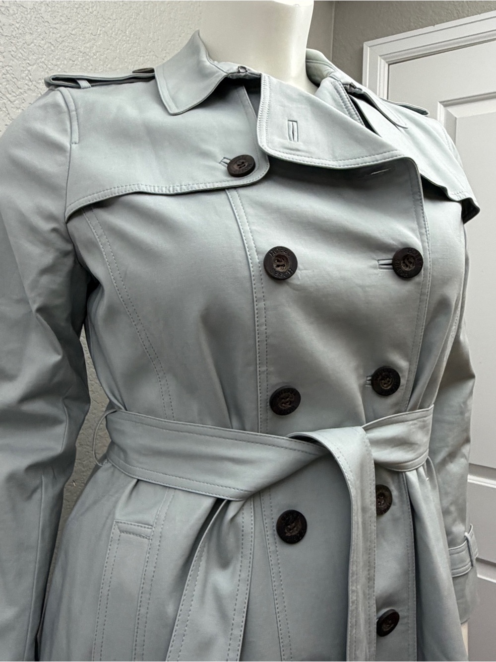 NWOT Hobbs Classic Double-Breasted Trench Coat in Light Blue with Belt - 14